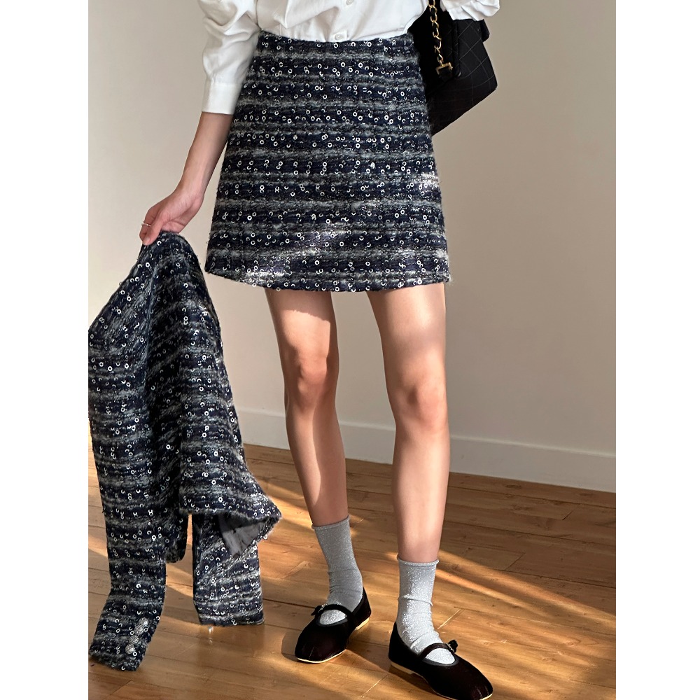 Sequin tweed skirt (blue navy)